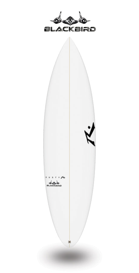 rusty custom Blackbird surfboard
